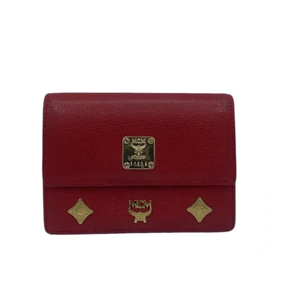 MCM Red Pebbled Leather Tri-Fold Wallet w/ Gold Hardware & Logo Charm